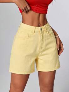 SHEIN PETITE Women's Solid Color Slant Pocket Casual Everyday Denim Shorts - Yellow - View 4