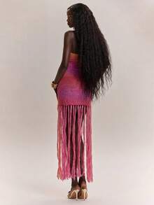 SHEIN BAE High-End Halter Backless Patchwork Tassel Dress For Women,Pink And Orange Summer Day Party Holiday Vacation Holiday Evening Gown - Multicolor - View 2