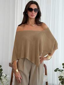 Aloruh Áo khoác ngoài dáng rộng, thanh lịch phong cách Bohemian dành cho nữ, kiểu trễ vai, vạt áo bất đối xứng, chất liệu dệt kim, thích hợp cho kỳ nghỉ. - Lạc đà - Xem 5