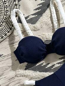 Swim Mod Minimalist Ribbed Fabric Crinkle Strap Underwire Flat Chest Swimwear Top With Ruched Side Triangle Bottoms 2 Pieces Set - Multicolor - View 2