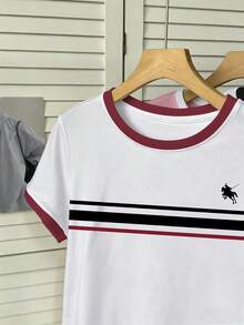 Resyla Women's Color Block Striped Print Embroidered Round Neck Short Sleeve T-Shirt - Multicolor - View 7