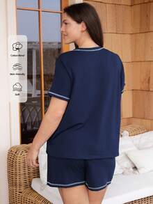 Doze Lane Casual Plus Size Pajama Set, Minimalist Loungewear Suitable For Outdoor Wear - Blue - View 2