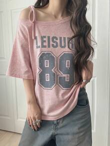 FRIFUL Women's Casual Loose Fit Off-Shoulder T-Shirt With Bowknot Strap And Letter Print, Suitable For Spring And Summer - Pink - View 6