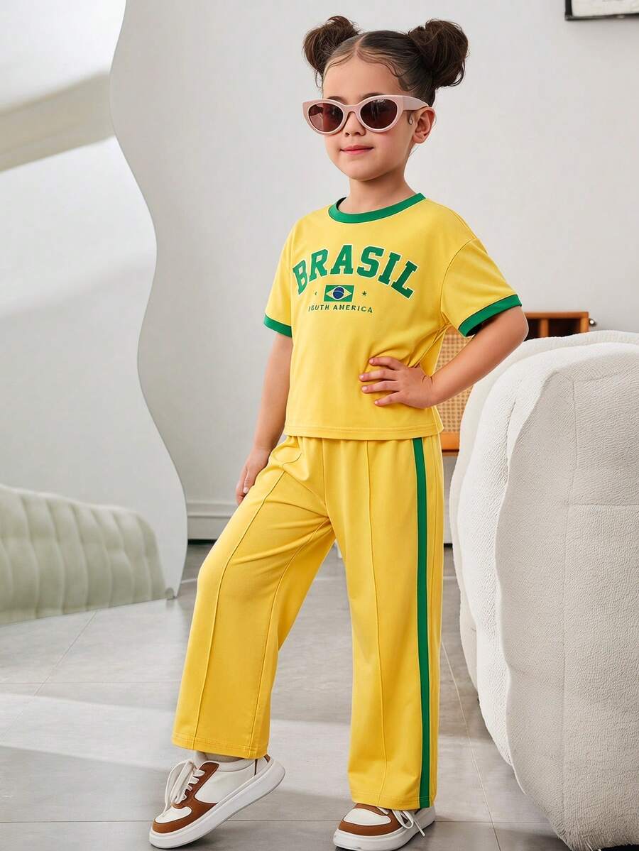 SHEIN Young Girl Letter Print Contrast Color Round Neck Short Sleeve T-Shirt And Casual Pants Set - Multicolor - View 1