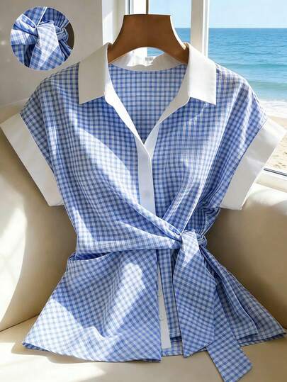 SHEIN Franclia Women's Elegant Plaid Contrast Color Collared Button Tie Waist Asymmetrical Hem Short Sleeve Shirt, Suitable For Work, Casual And Vacation