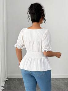 Elenzga Camisa ajustada con cuello de volantes y patchwork estilo francés - Albaricoque - Ver 2