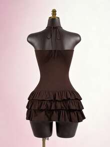 SaltGleam SaltGleam Gaun Mini Seksi Wanita Warna Polos Model Halter Neck dengan Detail Kerut untuk Kencan & Pesta - Coklat - View 2