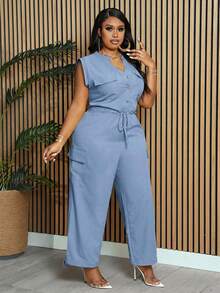 Slaydiva Bộ jumpsuit nữ cỡ lớn màu vàng trơn, không tay, cổ tàu, dáng suông, có dây rút ở eo, có túi và gấu quần điều chỉnh được, kiểu dáng thanh lịch, phù hợp cho công sở và thường ngày, thích hợp cho mùa xuân/hè. - Màu xanh lam - Xem 5