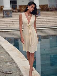 Swim Chiccia Đầm nữ đa năng, khóa kim loại, xếp ly, khoét eo, gợi cảm, thích hợp cho kỳ nghỉ. - Màu be - Xem 9