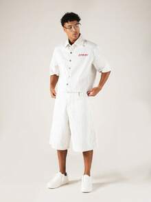SUMWON Boxy Fit Pinstripe Short Sleeve Button-Up Shirt With Bold Back Graphic Logo Print - Black and White - View 3
