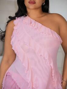 Slaydiva Top femme grande taille rose unicolore ajusté sans manches à une épaule, asymétrique, avec volants, patchwork, franges et empiècement en maille, style sexy et romantique, pour vacances printemps/été, street style, tenue quotidienne, à la mode réseaux sociaux, tenue de vacances d'été, festival de musique, Pâques, plage, bord de mer, style étudiant - A - Rose bonbon - Voir 7