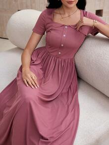 Modelyn 灰粉色方领修身休闲长连衣裙（女款） - 粉色 - 查看 7