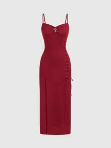 ROMWE Goth Gaun Camisole Bodycon Seksi Belahan Tinggi dengan Dekorasi Salib Gotik untuk Acara Keluar Malam Musim Panas Warna Burgundy - Burgundy - View 5