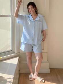 Dazy Plus Plus Size Women Striped Short Sleeve Button-Up Top And Shorts Pajama Set Summer - Baby Blue - View 5