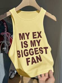Comfortcana Plus Size Casual Slogan Print Sleeveless Tank Top, Spring/Summer - Yellow - View 3