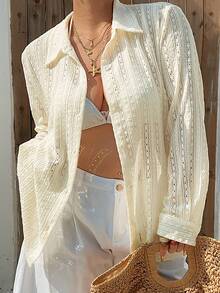 Dazy Plus Hollow Out Loose Fit Lapel Casual Lace Cover-Up Cover Up Vacation Style Plus Size Women Spring Summer Shirt - Apricot - View 1