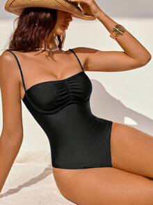 Shapewave Women's Fashionable Versatile Solid Color One-Piece Swimsuit - Black - View 4