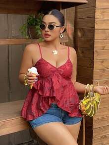 Dazy Plus Plus Size Women Solid Color Textured Flared Hem Camisole Elegant Summer Top Vacation Gym Brown - Burgundy - View 2