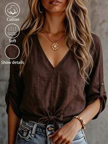 Everyssa Women's All-Cotton Brown Top Summer Vacation Style Casual Wear - Brown - View 1