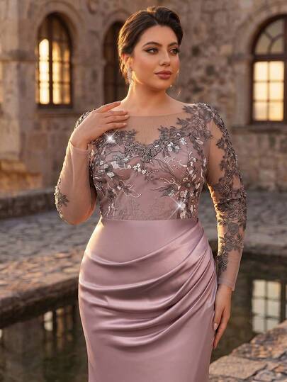 Serin Vestido elegante y lujoso de talla grande con cuello redondo, mangas transparentes, fruncido, abertura baja, bordado de cuentas y parches de satén en color rosa loto, adecuado para fiestas de noche, galas, bodas, vacaciones, madre de la novia, invitados