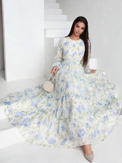 Veilorie Vestido largo elegante de mujer con estampado de plantas, cuello redondo, mangas farol y bajo con volantes, adecuado para vacaciones
