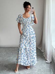 Modelyn Đầm nữ bằng vải chiffon in hoa, tay cánh dơi, eo thắt dây, kiểu Pháp ngọt ngào, duyên dáng, thích hợp cho mùa xuân/hè, chân váy xòe rộng, thanh lịch và thoải mái, chất liệu polyester, phù hợp mặc ở nhà, đi chơi, nghỉ lễ, dự tiệc. Đầm nữ mùa xuân/hè, đầm in hoa, đầm in họa tiết thực vật. Đầm trắng, đầm đi biển. - trắng - Xem 6