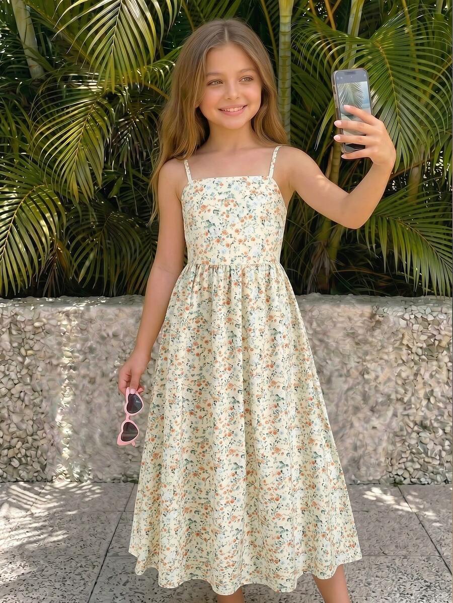 SHEIN Vestido de verano elegante de color negro con bloqueo de color, lazo y volante en el bajo para niña preadolescente - Multicolor - Ver 1