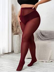 SHEIN PETITE CURVE 女士加大码，情人节，情人节长筒袜，黑色加大码紧身裤，防滑过膝长筒袜，黑色网眼拼接打底裤，休闲日常穿着，简约时尚 - 酒紅色 - 查看 7