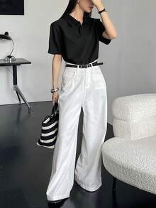 DAZY Women Business Casual Solid Short Sleeve Blouse - Black - View 5