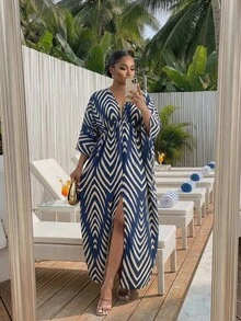 SHEIN CURVE+ 大码女式条纹撞色开衩下摆七分袖性感连衣裙 - 彩色 - 查看 6