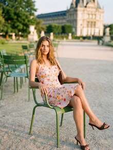 lacRébo Vestido midi con flores de lila, con botones delanteros y escote de corazón, vestido casual de primavera y verano para vacaciones, vestido con flores, vestido de estilo francés - Morado - Ver 6