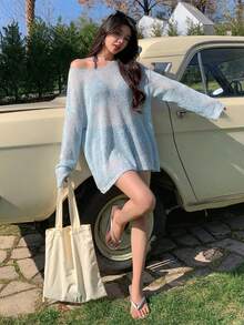 DAZY 女款純色不對稱領口透視長袖洋裝罩衫，夏季海灘度假適用 - 藍色 - 查看 3
