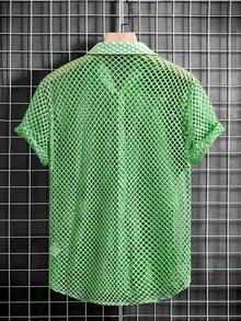 Manfinity Homme Camisa transparente de malla de unicolor con estilo de resort sexy de verano para hombres - Verde Oliva - Ver 2