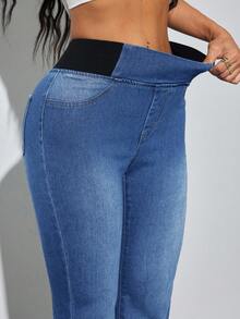 SHEIN PETITE 女款藍色牛仔緊身喇叭褲，舒適高彈力丹寧，夏季辦公穿搭，美人魚風格，適合嬌小女性 - 中等水洗藍 - 查看 7