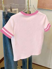 青少年女孩休閒極簡可愛甜美亮面蝴蝶結圖案，奶油粉色，圓領短袖T恤，適合夏季，圖案、卡哇伊、上衣、Y2K、舒適、粉色、亮片 - 彩色 - 查看 2