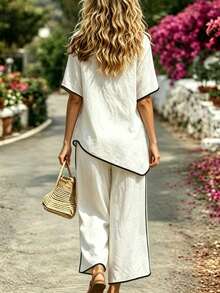 SHEIN Holidaya Bộ 2 món gồm áo tay ngắn màu trắng và quần dài cạp cao, trang phục mùa hè thanh lịch dành cho nữ. - Đen và trắng - Xem 2