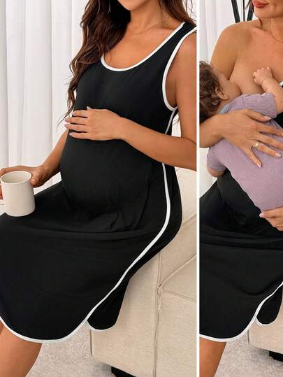SHEIN Maternity Summer Contrast Trim Shoulder Button Nursing Camisole Dress