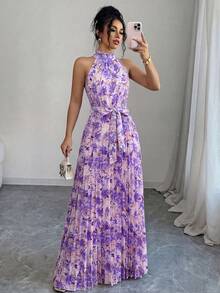 SHEIN Elenzya Đầm chữ A thanh lịch, lãng mạn, cổ bèo nhún họa tiết hoa nhí, eo xếp ly, thích hợp cho phụ nữ đi nghỉ mát, phù hợp cho kỳ nghỉ. - Nhiều màu - Xem 1