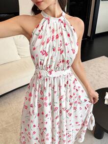 Modelyn Vestido midi con cintura ceñida, estampado floral, sin mangas y con cuello halter, estilo francés para mujer - Multicolor - Ver 7