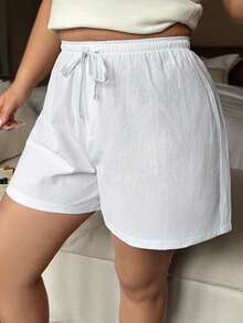 Dazy Plus Minimalist Striped Button Decor Short Pajama Bottoms, Plus Size Women's White Sleepwear Bottoms For Spring & Summer - White - View 8