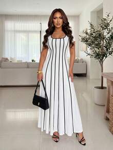 Xyvia Women's Summer Elegant Casual Commuter Brunch Vacation Dress, Black And White Striped Contrast Color, Square Neck Short Sleeve Fitted A-Line - White - View 1