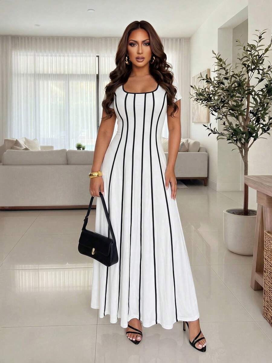 Xyvia Women's Summer Elegant Casual Commuter Brunch Vacation Dress, Black And White Striped Contrast Color, Square Neck Short Sleeve Fitted A-Line - White - View 1
