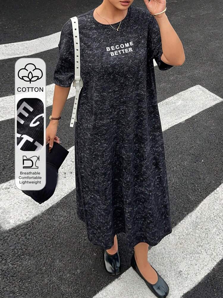 Dazy Plus Loose Fit Round Neck Knit Letter Print Long Casual Dress, Plus Size, Spring/Summer Sun Dresses For Women