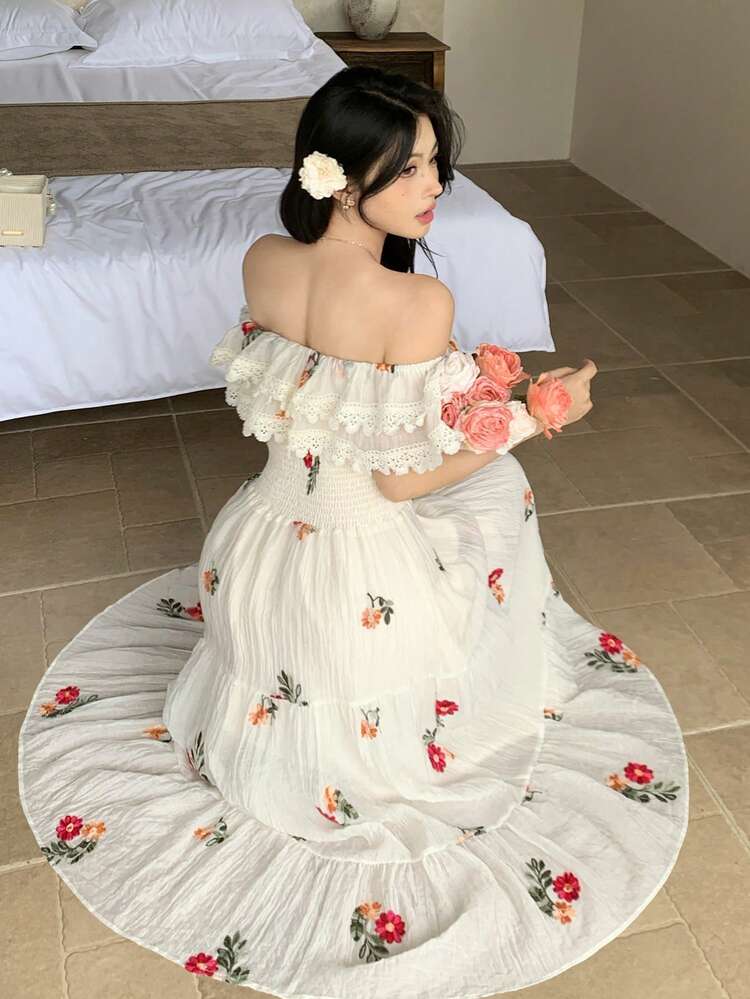 Casual Vacation Style Off Shoulder Long Dress For Women, Spring & Summer