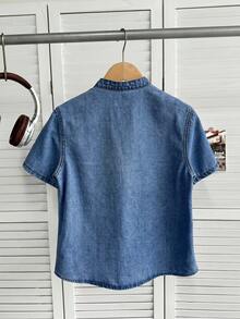 SHEIN 男童休闲水洗牛仔短袖上衣，夏季 - 中等水洗藍 - 查看 2