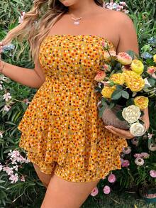 Sunnyshic Plus Size Women Orange Ditsy Floral Strapless Layered Hem Jumpsuit - Orange - View 7
