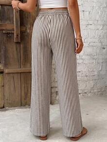 SHEIN Frenchy 女士休闲简约白棕条纹裤，16%棉，适合夏季穿着 - 棕色 - 查看 2