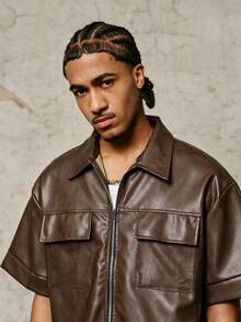 PAVTROS Men's Loose Fit Short Sleeve Zip-Up Shirt - Coffee Brown - View 7