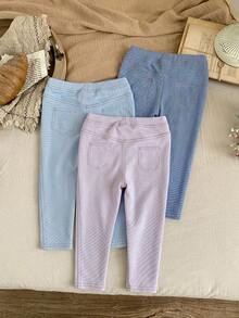 SHEIN LMoss Kids LMoss 女童三件套纯色针织打底裤休闲套装 - 淡紫色 - 查看 2