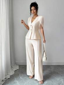 Elenzga Aprikot Chiffon Jacke mit geraffter Taille, kurzen Ärmeln, V-Ausschnitt Bluse und gerade geschnittene Hose, Zweiteiler, elegant und vielseitig für Büro und Lässig, Sommer - Aprikosenfarben - Übersicht 6